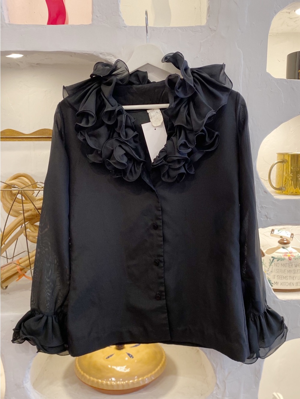Extravagant Vintage Black Mesh Long Sleeve Button Up w/ Ruffled Collar & Sleeves - Picture 4 of 7